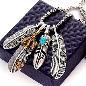 New 4 Silver feather pendant 27” necklace chain set cool turquoise eagle claw 🔥